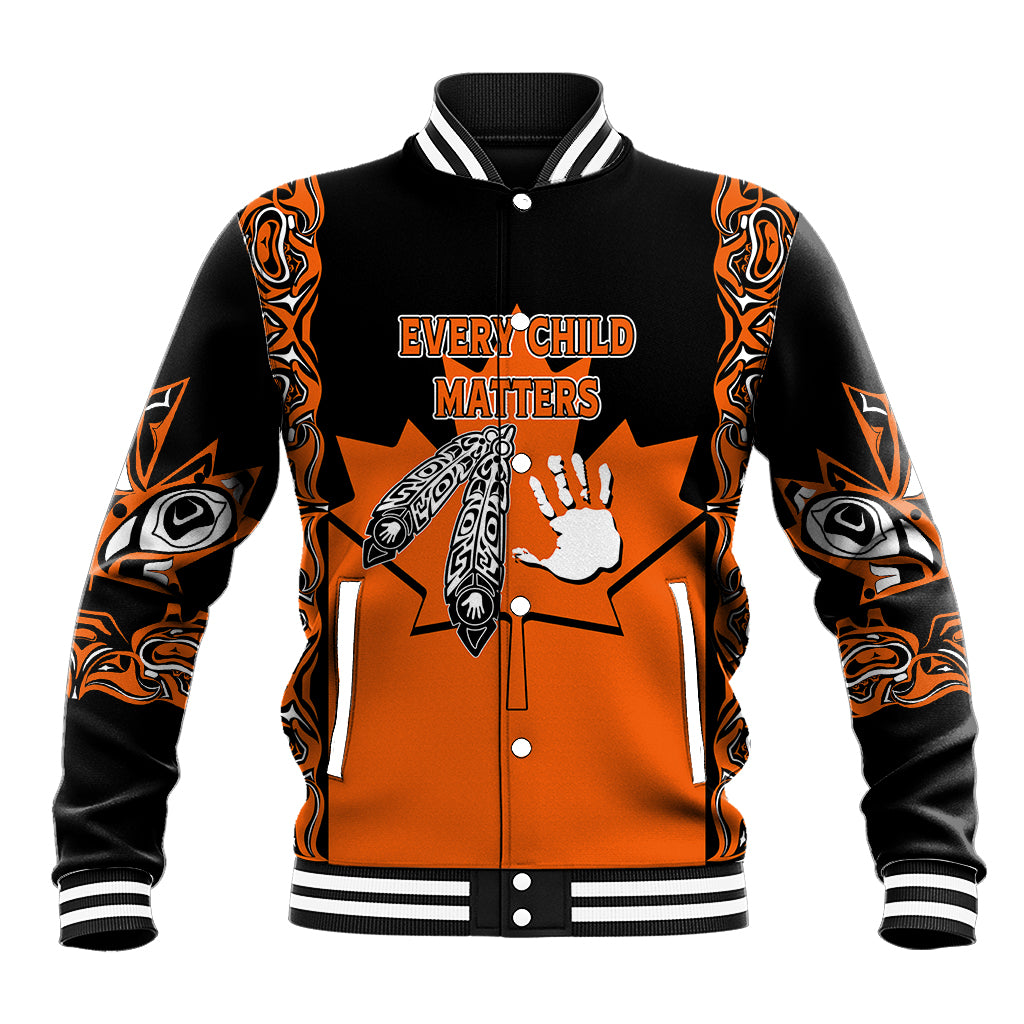 Orange-and-black varsity baseball jacket with tribal art and “Every Child Matters”