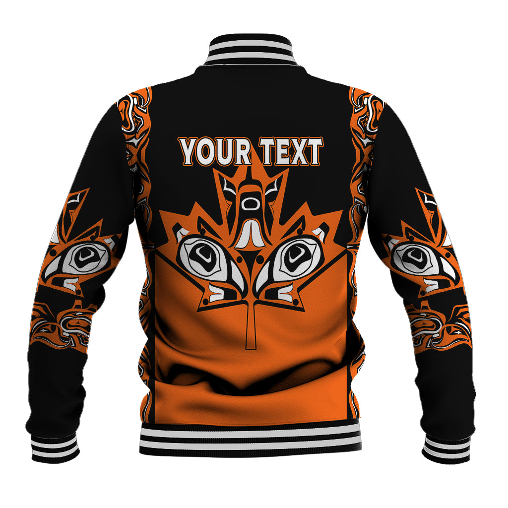 Orange gradient baseball jacket with tribal tree graphic, striped collar, and “Your Text”