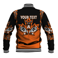 Orange gradient baseball jacket with tribal tree graphic, striped collar, and “Your Text”