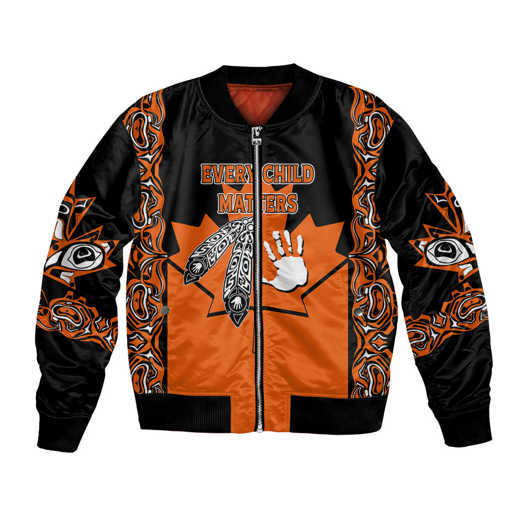 Kids orange-and-black bomber jacket with full-zip front and tribal sleeve print, slogan