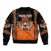 Kids orange-and-black bomber jacket with full-zip front and tribal back graphic text