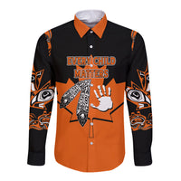 Orange/black long-sleeve button shirt with 'Every Child Matters' front print