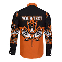 Orange/black long-sleeve button shirt with 'Your Text' back print and tribal motifs