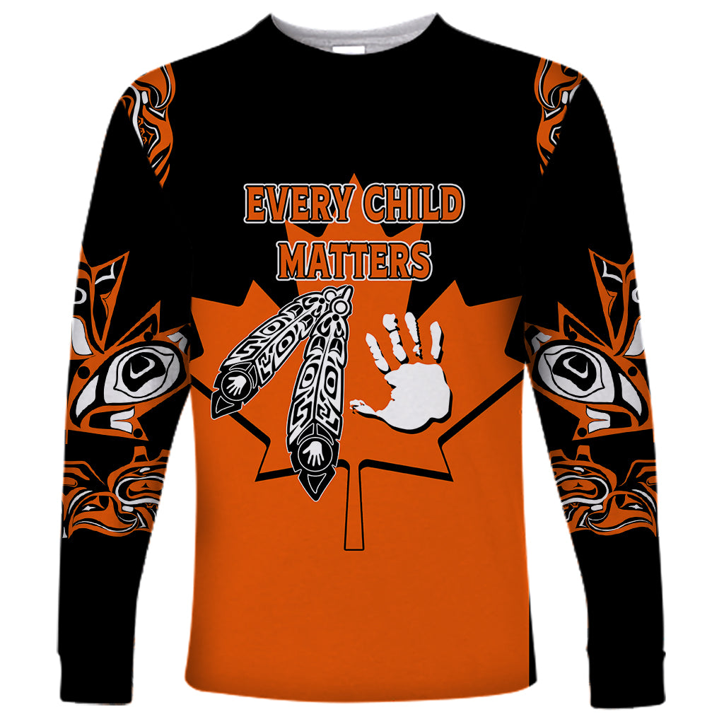 Orange and black long-sleeve shirt with 'Every Child Matters' and eagle/hand graphic