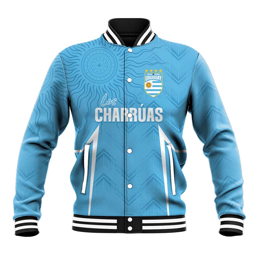 Sky blue baseball jacket with snap front, ribbed collar, white trim, Uruguay crest and 'Los Charruas'.