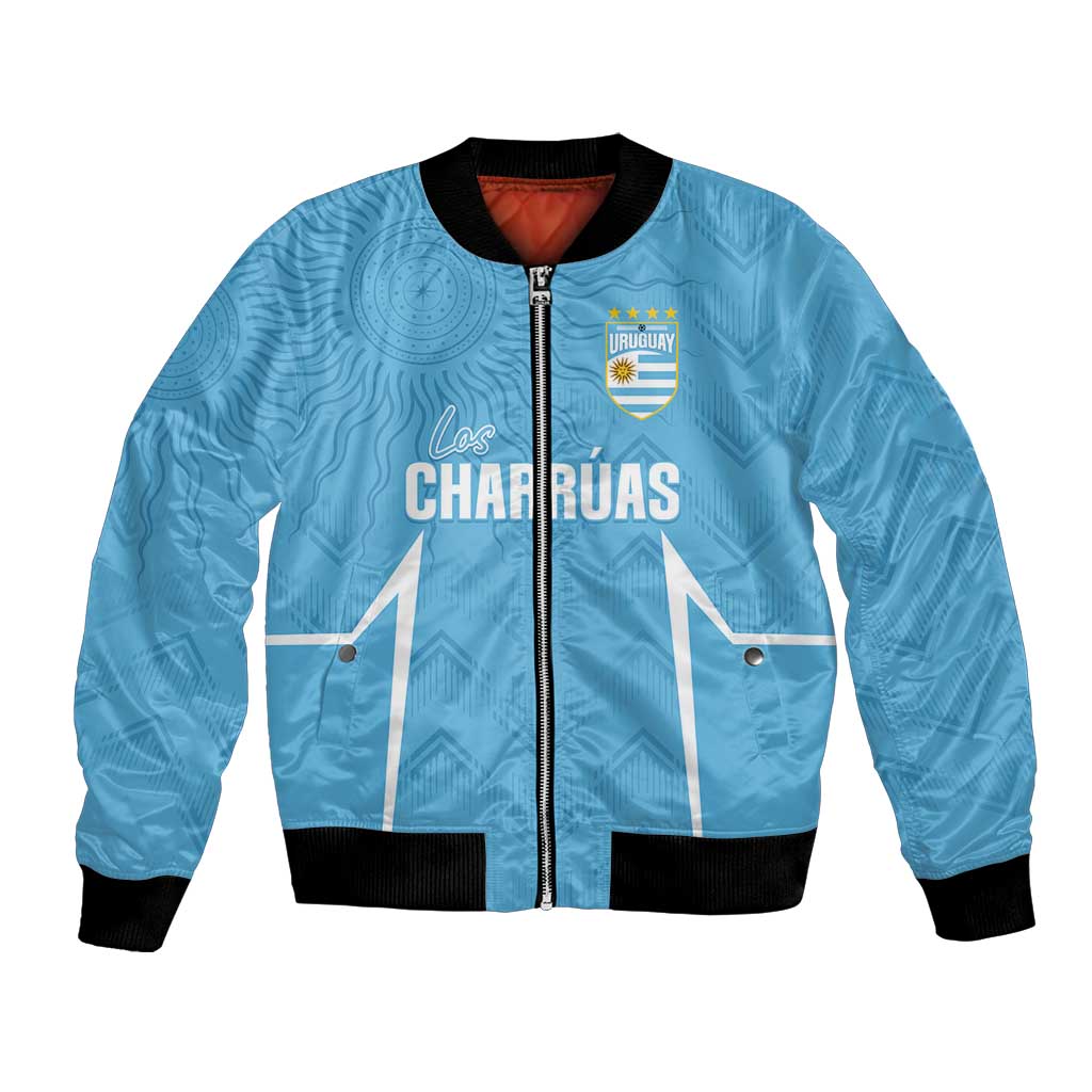 Sky blue Uruguay football bomber jacket with front zip and ribbed black trim