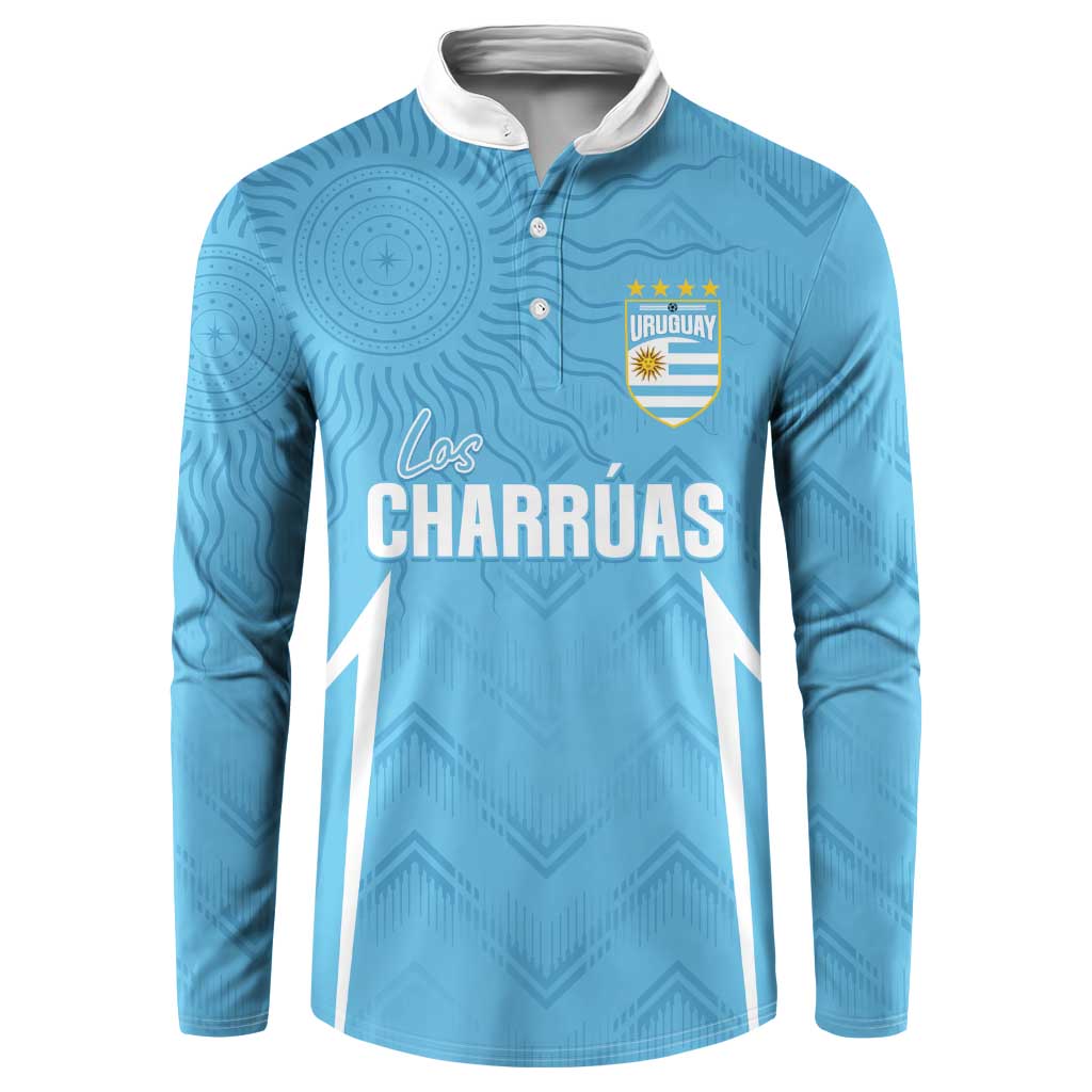 Sky blue long-sleeve henley sweatshirt with white trim, buttons, Uruguay crest and 'Los Charruas'.