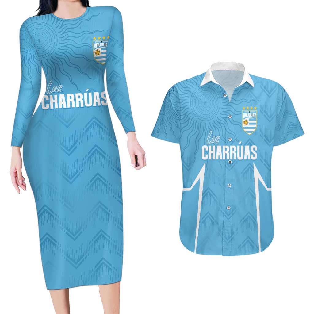 Uruguay Football 2024 Custom Couples Matching Long Sleeve Bodycon Dress and Hawaiian Shirt Los Charruas Sol de Mayo Ornamental Style LT7 - Wonder Print Shop