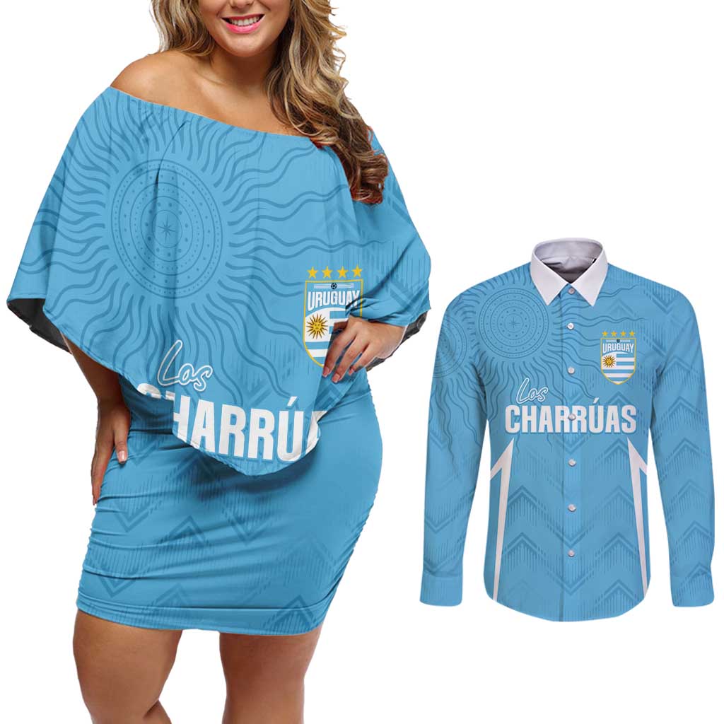 Uruguay Football 2024 Custom Couples Matching Off Shoulder Short Dress and Long Sleeve Button Shirt Los Charruas Sol de Mayo Ornamental Style LT7 - Wonder Print Shop