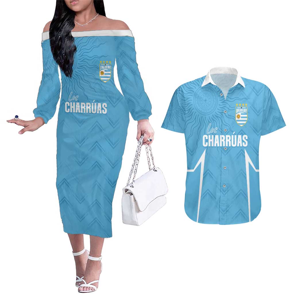 Uruguay Football 2024 Custom Couples Matching Off The Shoulder Long Sleeve Dress and Hawaiian Shirt Los Charruas Sol de Mayo Ornamental Style LT7 - Wonder Print Shop