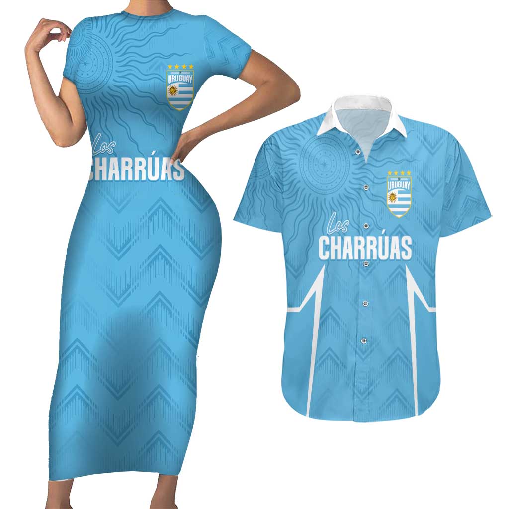 Uruguay Football 2024 Custom Couples Matching Short Sleeve Bodycon Dress and Hawaiian Shirt Los Charruas Sol de Mayo Ornamental Style LT7 - Wonder Print Shop