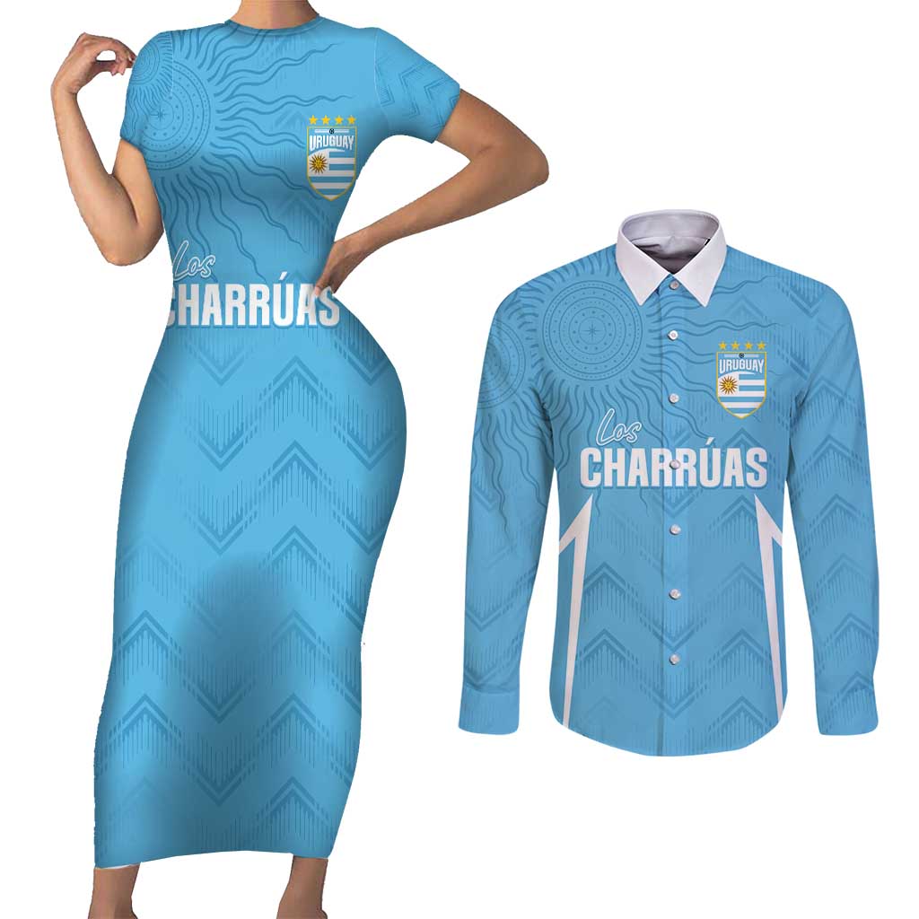 Uruguay Football 2024 Custom Couples Matching Short Sleeve Bodycon Dress and Long Sleeve Button Shirt Los Charruas Sol de Mayo Ornamental Style LT7 - Wonder Print Shop