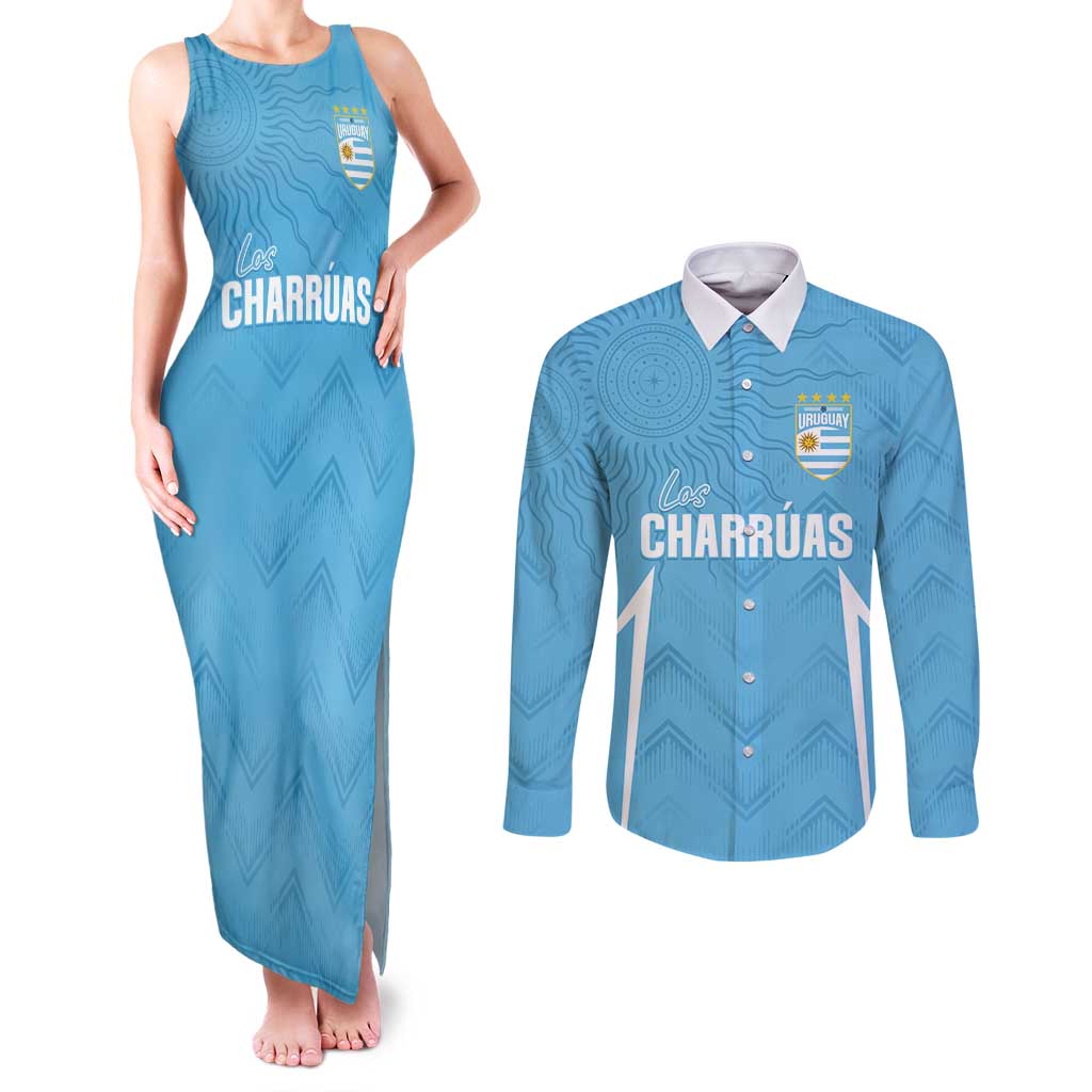 Uruguay Football 2024 Custom Couples Matching Tank Maxi Dress and Long Sleeve Button Shirt Los Charruas Sol de Mayo Ornamental Style LT7 - Wonder Print Shop