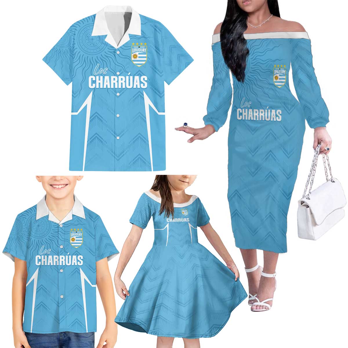 Uruguay Football 2024 Custom Family Matching Off The Shoulder Long Sleeve Dress and Hawaiian Shirt Los Charruas Sol de Mayo Ornamental Style - Wonder Print Shop