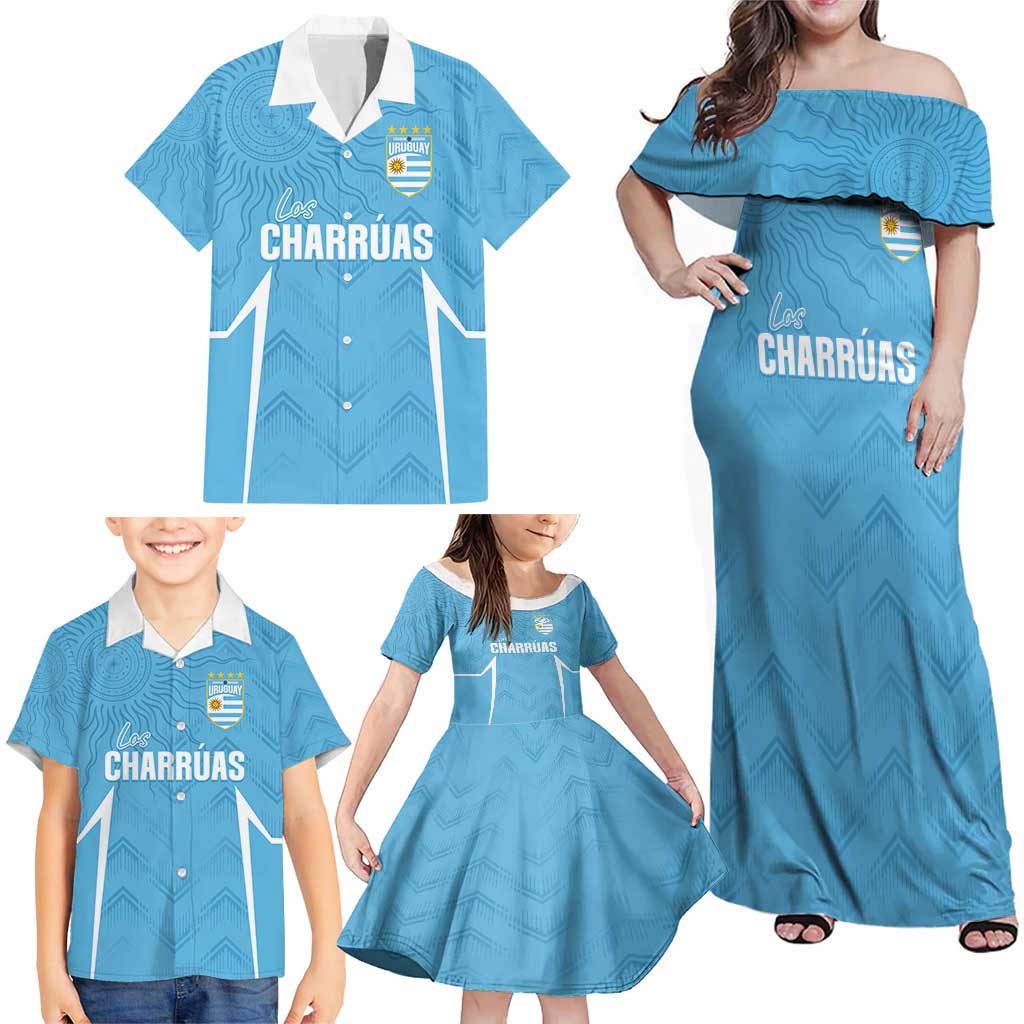 Uruguay Football 2024 Custom Family Matching Off Shoulder Maxi Dress and Hawaiian Shirt Los Charruas Sol de Mayo Ornamental Style LT7 - Wonder Print Shop