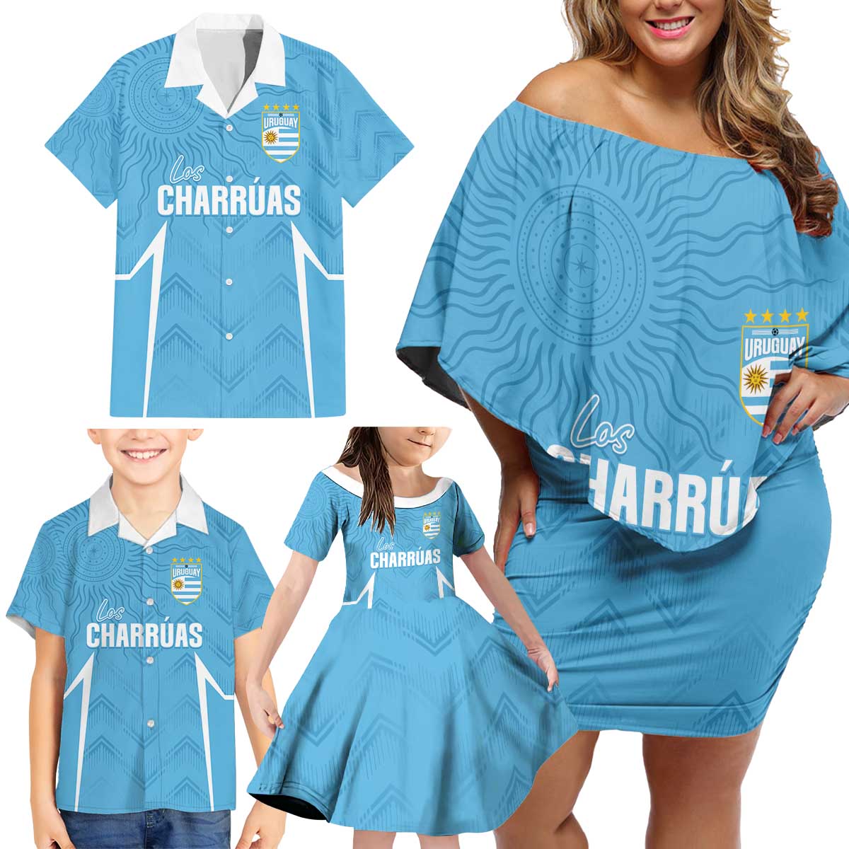 Uruguay Football 2024 Custom Family Matching Off Shoulder Short Dress and Hawaiian Shirt Los Charruas Sol de Mayo Ornamental Style LT7 - Wonder Print Shop