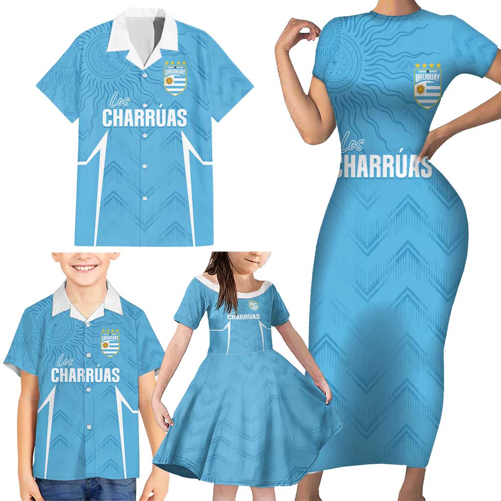 Uruguay Football 2024 Custom Family Matching Short Sleeve Bodycon Dress and Hawaiian Shirt Los Charruas Sol de Mayo Ornamental Style - Wonder Print Shop