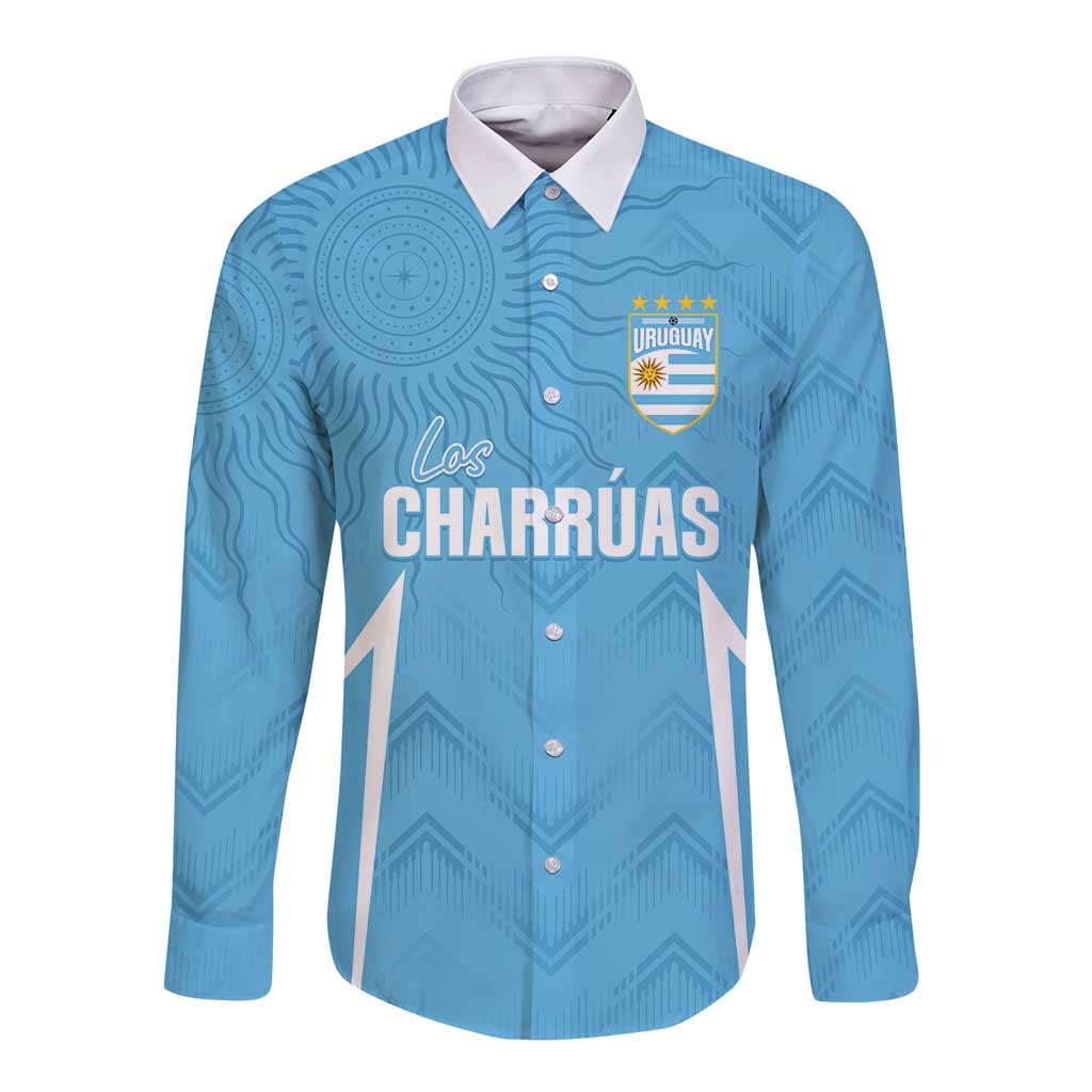 Sky blue long-sleeve button football shirt with Uruguay crest and Los Charruas text