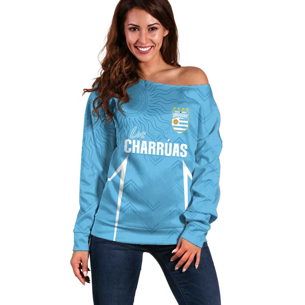 Uruguay Football 2024 Custom Off Shoulder Sweater Los Charruas Sol de Mayo Ornamental Style - Wonder Print Shop