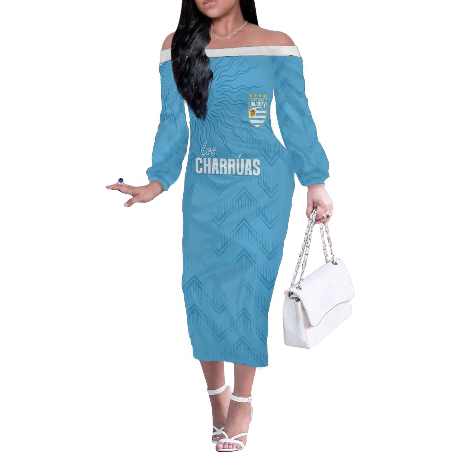 Uruguay Football 2024 Custom Off The Shoulder Long Sleeve Dress Los Charruas Sol de Mayo Ornamental Style - Wonder Print Shop