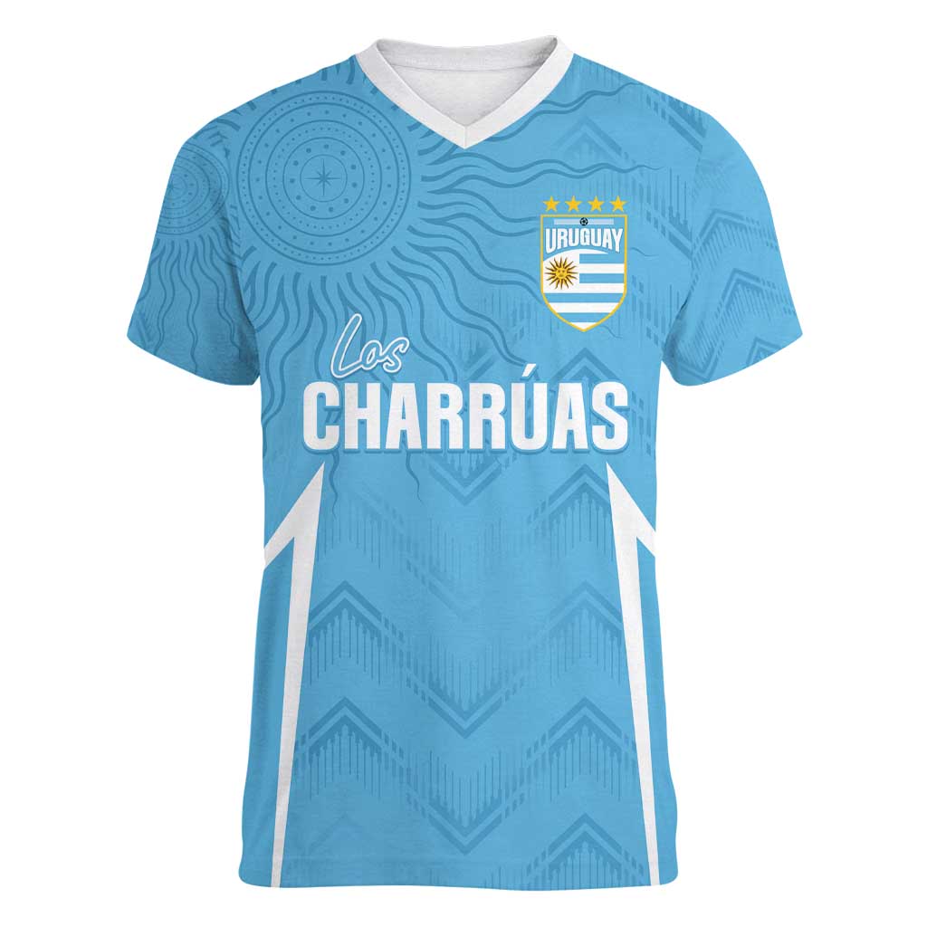 Uruguay Football 2024 Custom Women V-Neck T-Shirt Los Charruas Sol de Mayo Ornamental Style - Wonder Print Shop