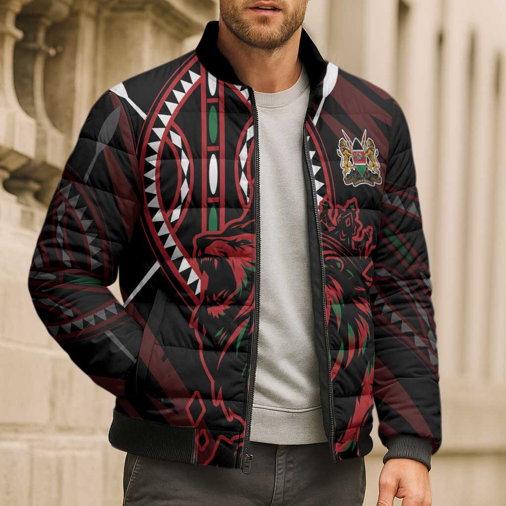 Kenya King Lion Personalized Bomber Puffer Jacket Stylized Maasai Shield - Wonder Print Shop