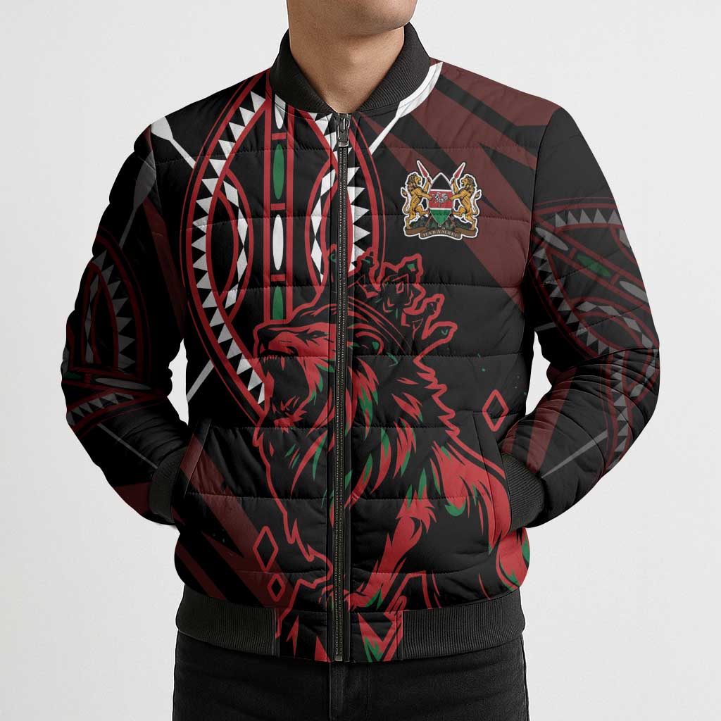 Kenya King Lion Personalized Bomber Puffer Jacket Stylized Maasai Shield - Wonder Print Shop