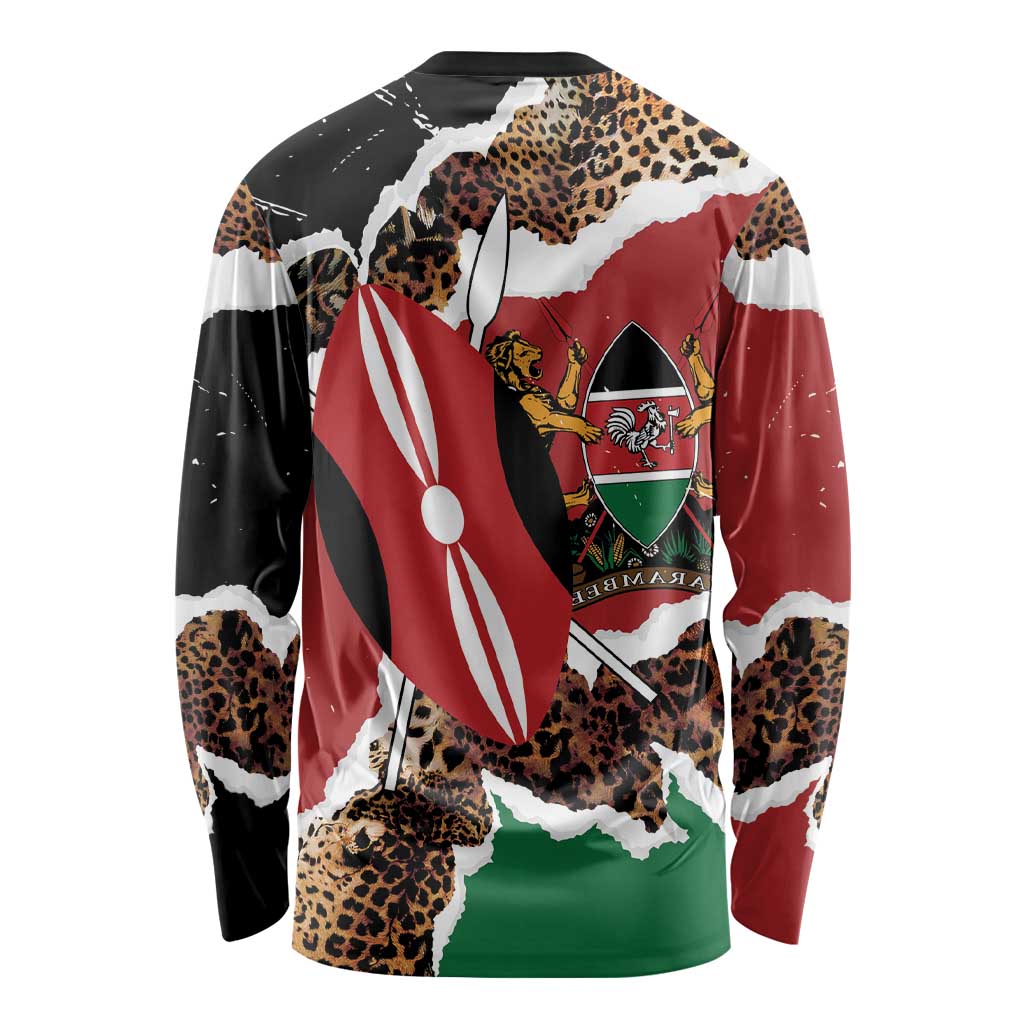 Unisex crewneck long sleeve shirt, back graphic with leopard print, red black white green