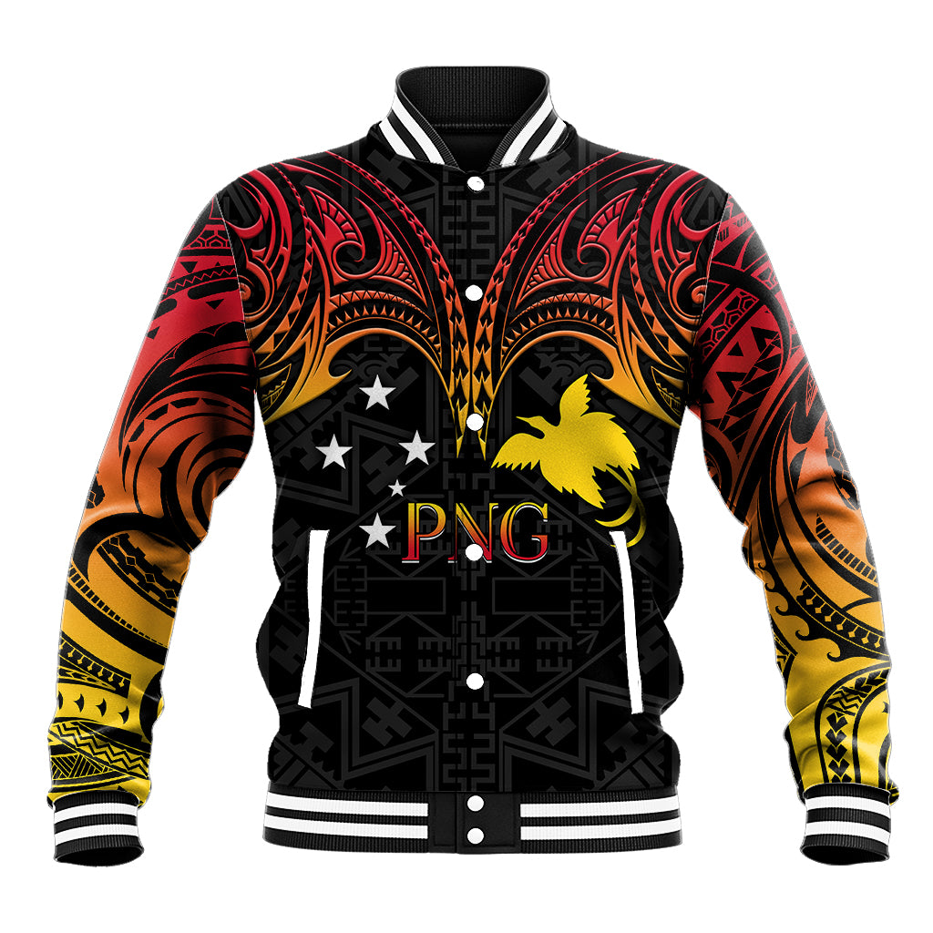 Black baseball jacket with red-to-gold gradient sleeves, eagle graphic, snap front, ribbed trim