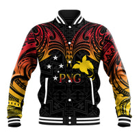 Black baseball jacket with red-to-gold gradient sleeves, eagle graphic, snap front, ribbed trim