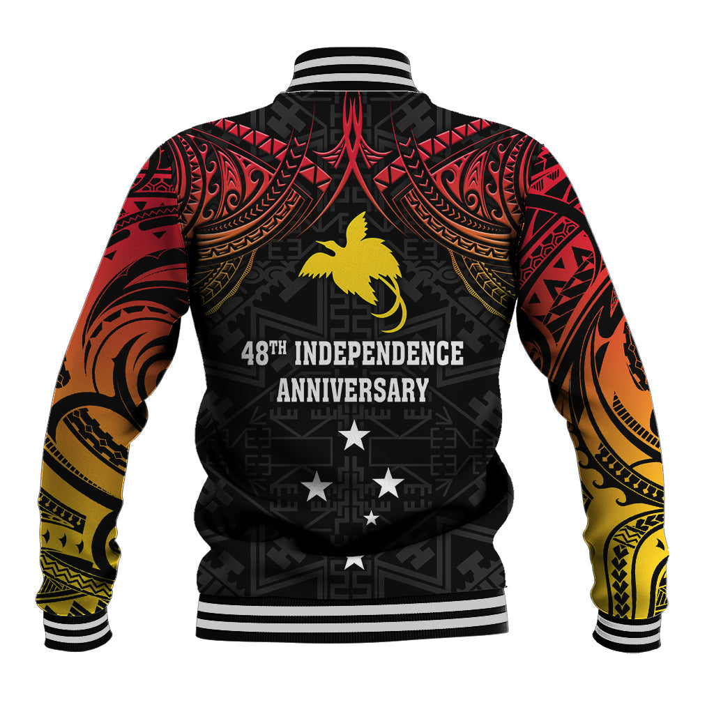Black baseball jacket with '48th Independence Anniversary' print, eagle graphic, ribbed cuffs and hem