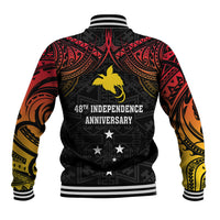 Black baseball jacket with '48th Independence Anniversary' print, eagle graphic, ribbed cuffs and hem