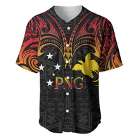 Black baseball jersey with red-orange gradient sleeves, PNG graphic, yellow bird, button front
