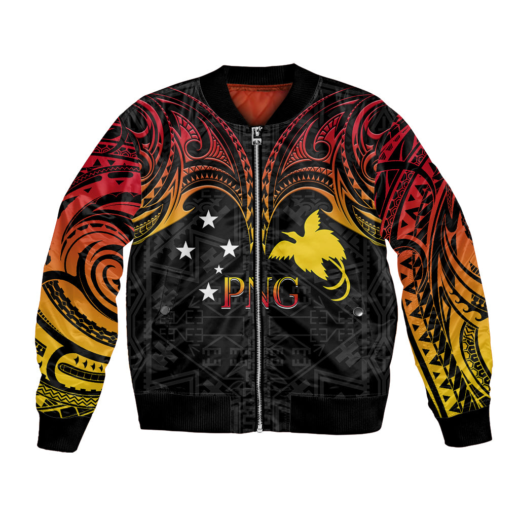 Black unisex bomber jacket with red-yellow tribal gradient sleeves and PNG emblem