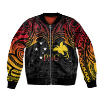 Black unisex bomber jacket with red-yellow tribal gradient sleeves and PNG emblem