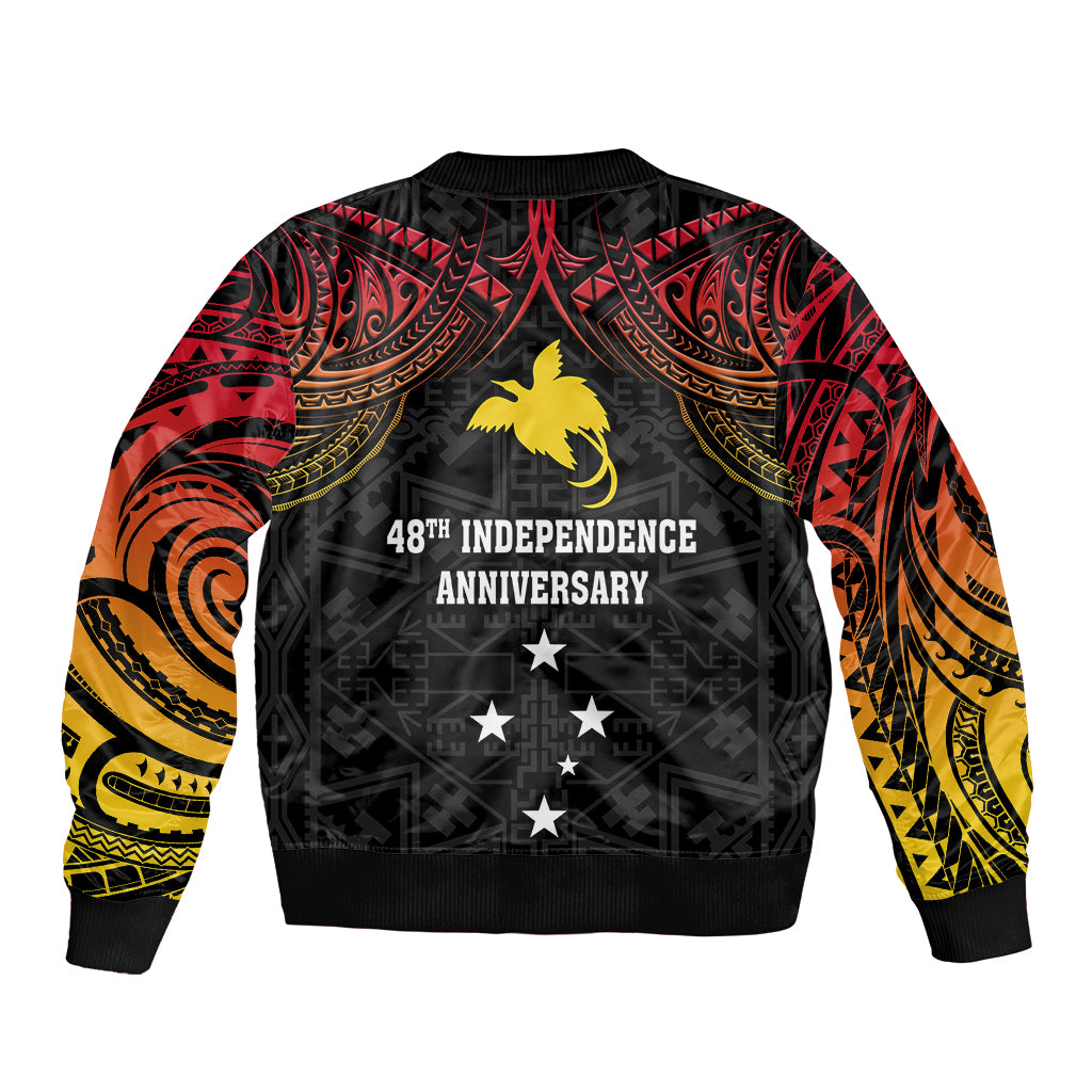 Black bomber jacket with red-yellow tribal gradient sleeves and 48th Independence text