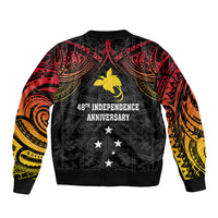Black bomber jacket with red-yellow tribal gradient sleeves and 48th Independence text