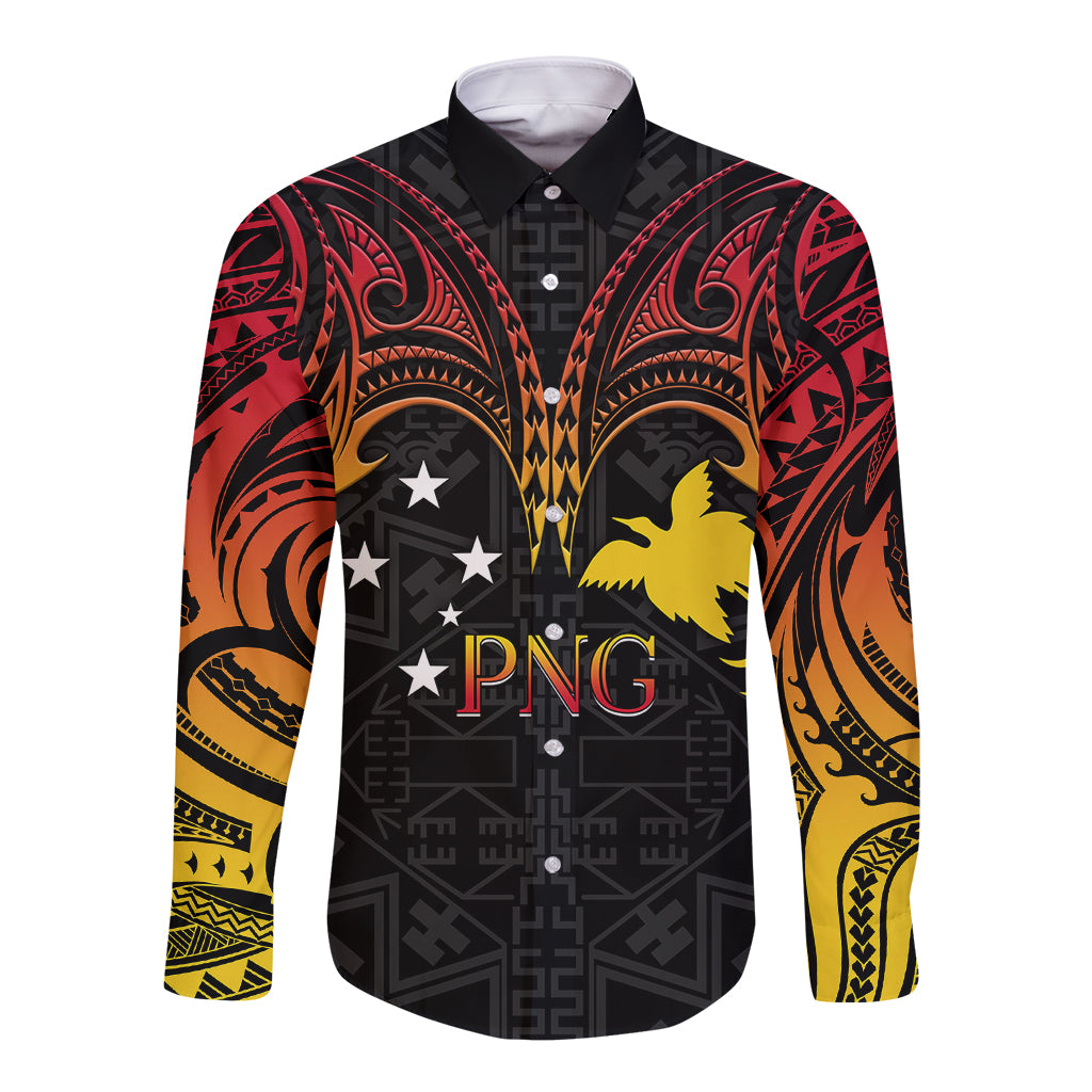 Black long-sleeve button shirt with red-orange tribal gradient sleeves and PNG crest