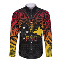 Black long-sleeve button shirt with red-orange tribal gradient sleeves and PNG crest