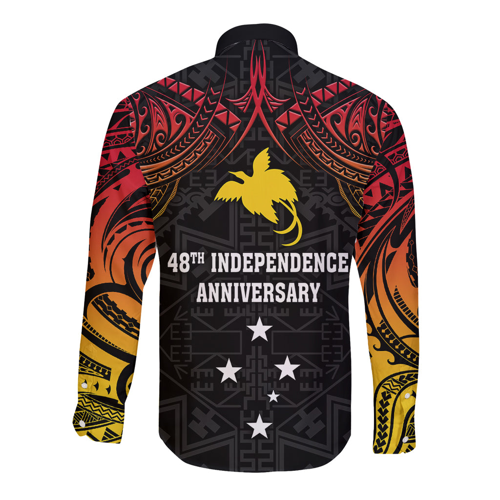 Black long-sleeve button shirt with red-orange tribal design, 48th Independence text on back