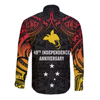 Black long-sleeve button shirt with red-orange tribal design, 48th Independence text on back