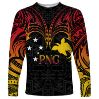 Unisex long sleeve shirt, black with red and gold tribal pattern; PNG star emblem.