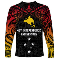 Unisex long sleeve shirt, black with red-to-gold tribal art; 48th Independence Anniversary text.