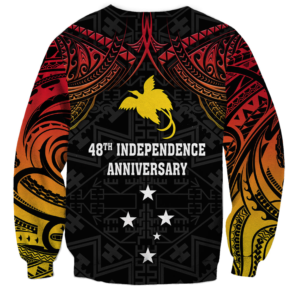 Unisex black sweatshirt with red and yellow tribal gradient, 48th Independence Anniversary text, stars