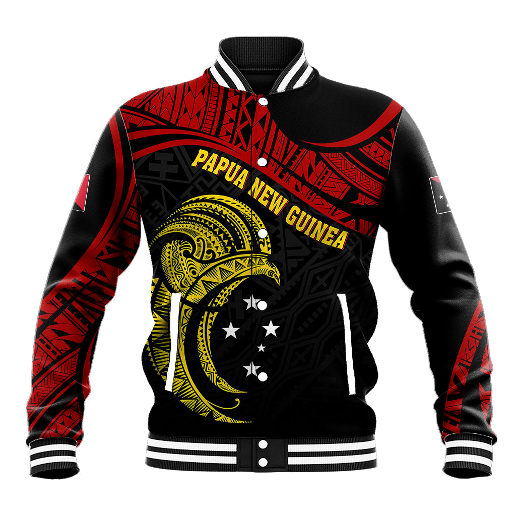 Black baseball jacket with red tribal graphics and gold bird-of-paradise emblem on front