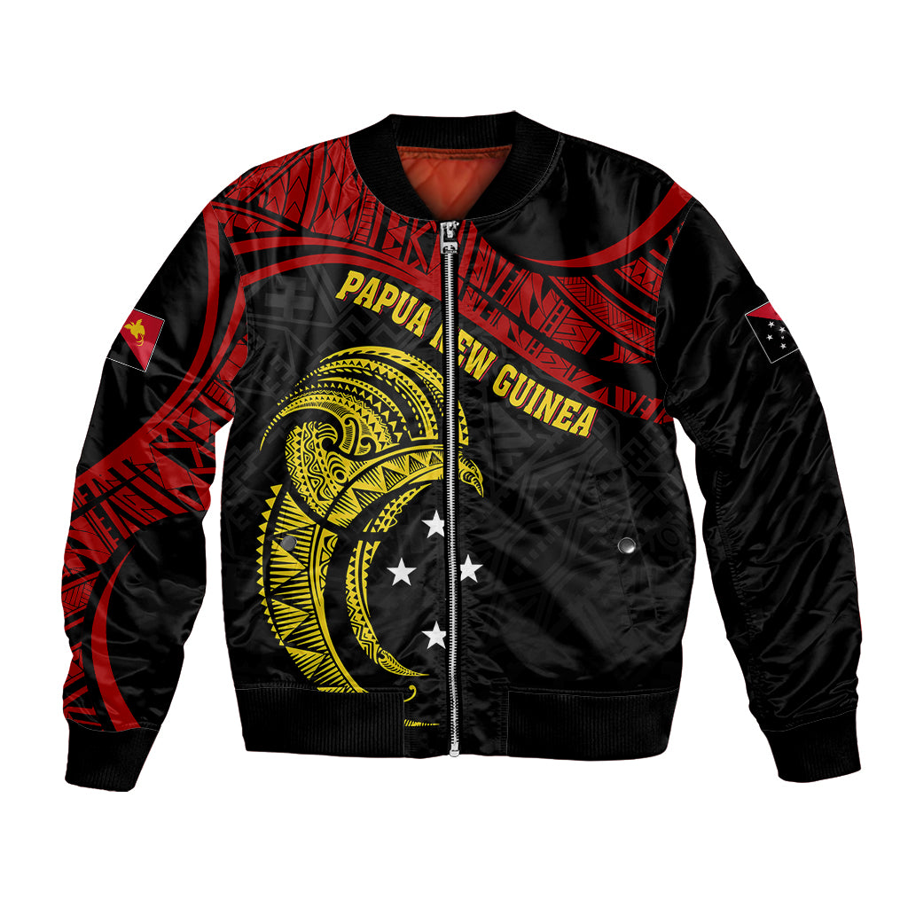 Black unisex bomber jacket with red tribal pattern, yellow bird emblem, front zipper
