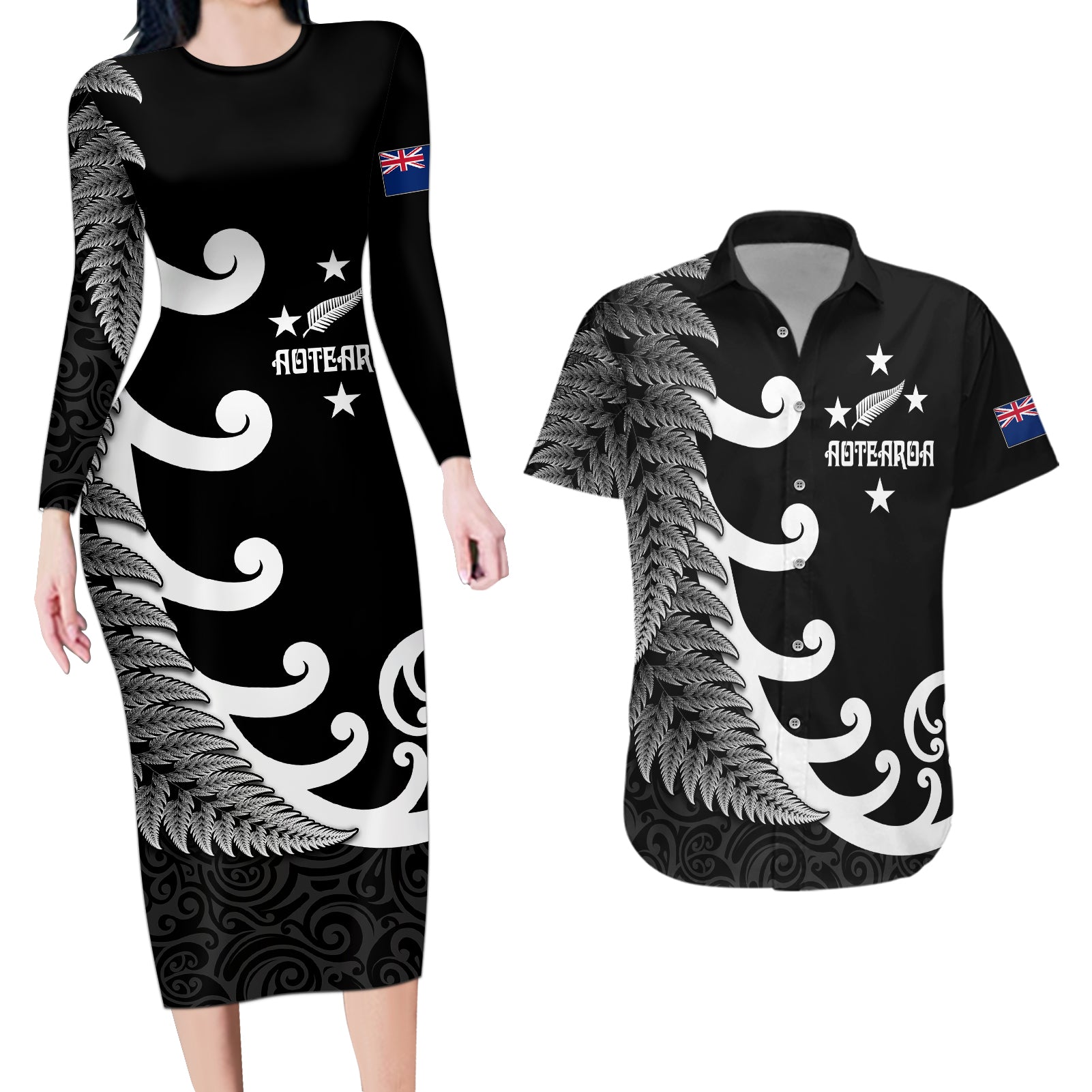 Personalised New Zealand Rugby Couples Matching Long Sleeve Bodycon Dress and Hawaiian Shirt Aotearoa Silver Fern Koru Maori Style LT7 - Wonder Print Shop