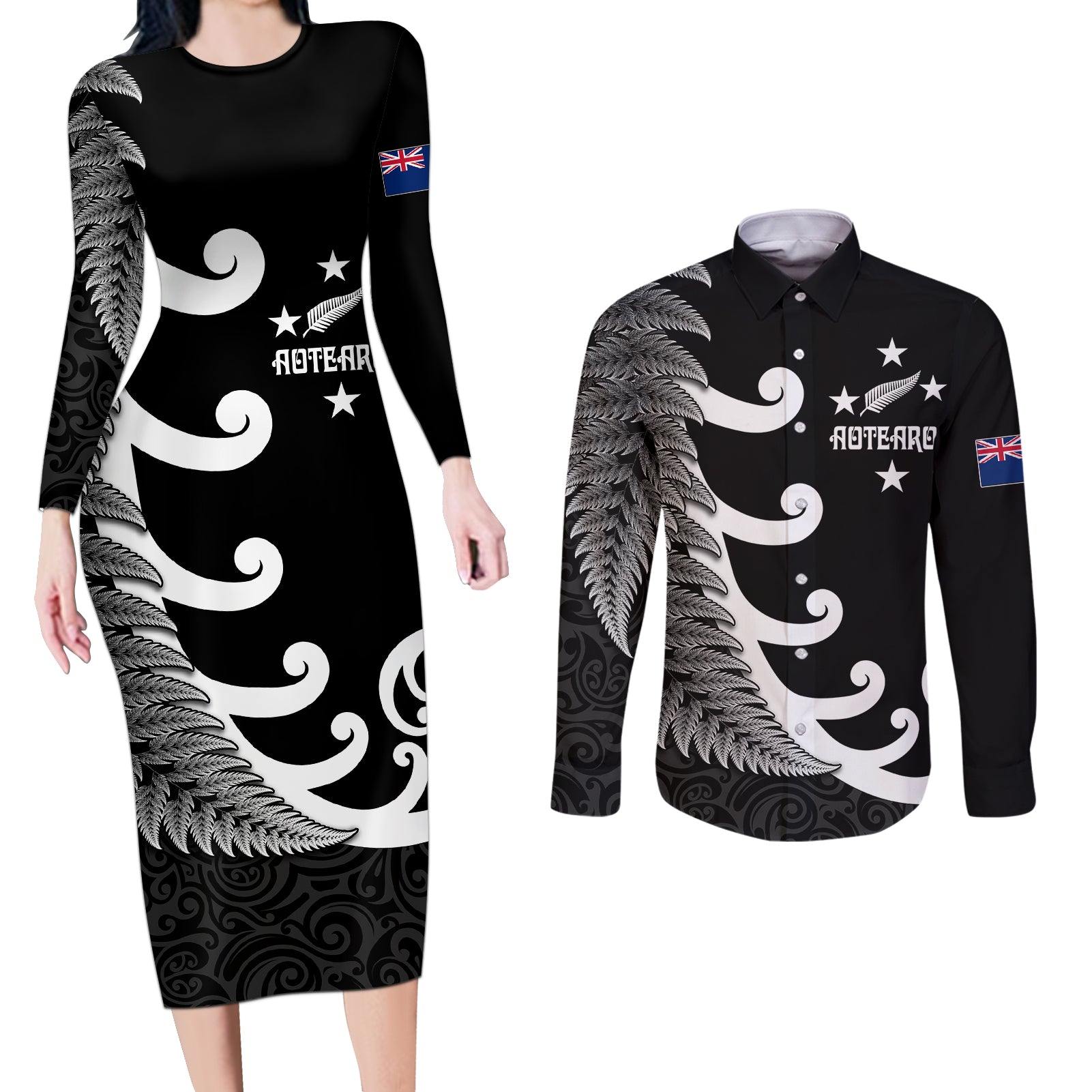 Personalised New Zealand Rugby Couples Matching Long Sleeve Bodycon Dress and Long Sleeve Button Shirts Aotearoa Silver Fern Koru Maori Style LT7 - Wonder Print Shop