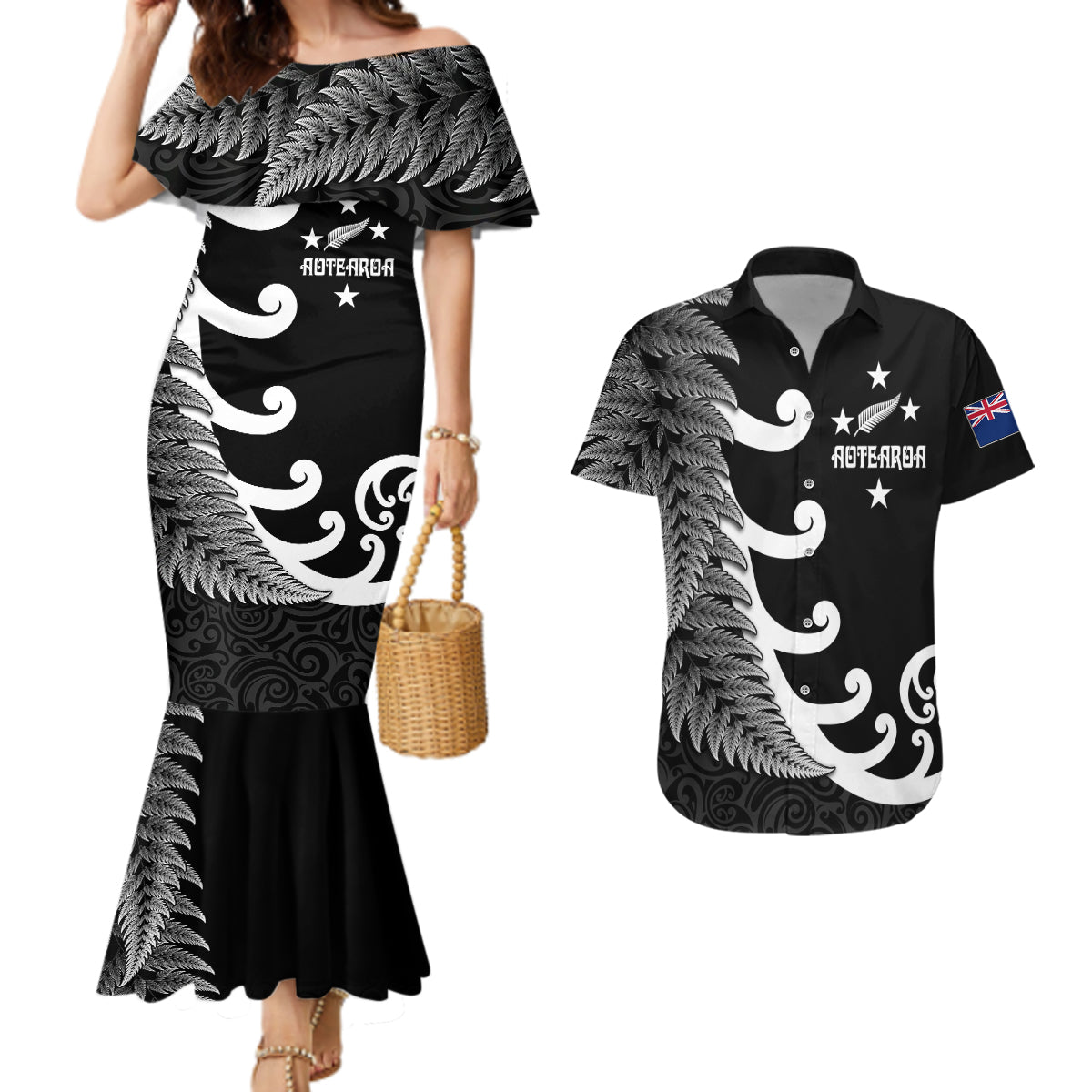 Personalised New Zealand Rugby Couples Matching Mermaid Dress and Hawaiian Shirt Aotearoa Silver Fern Koru Maori Style LT7 - Wonder Print Shop