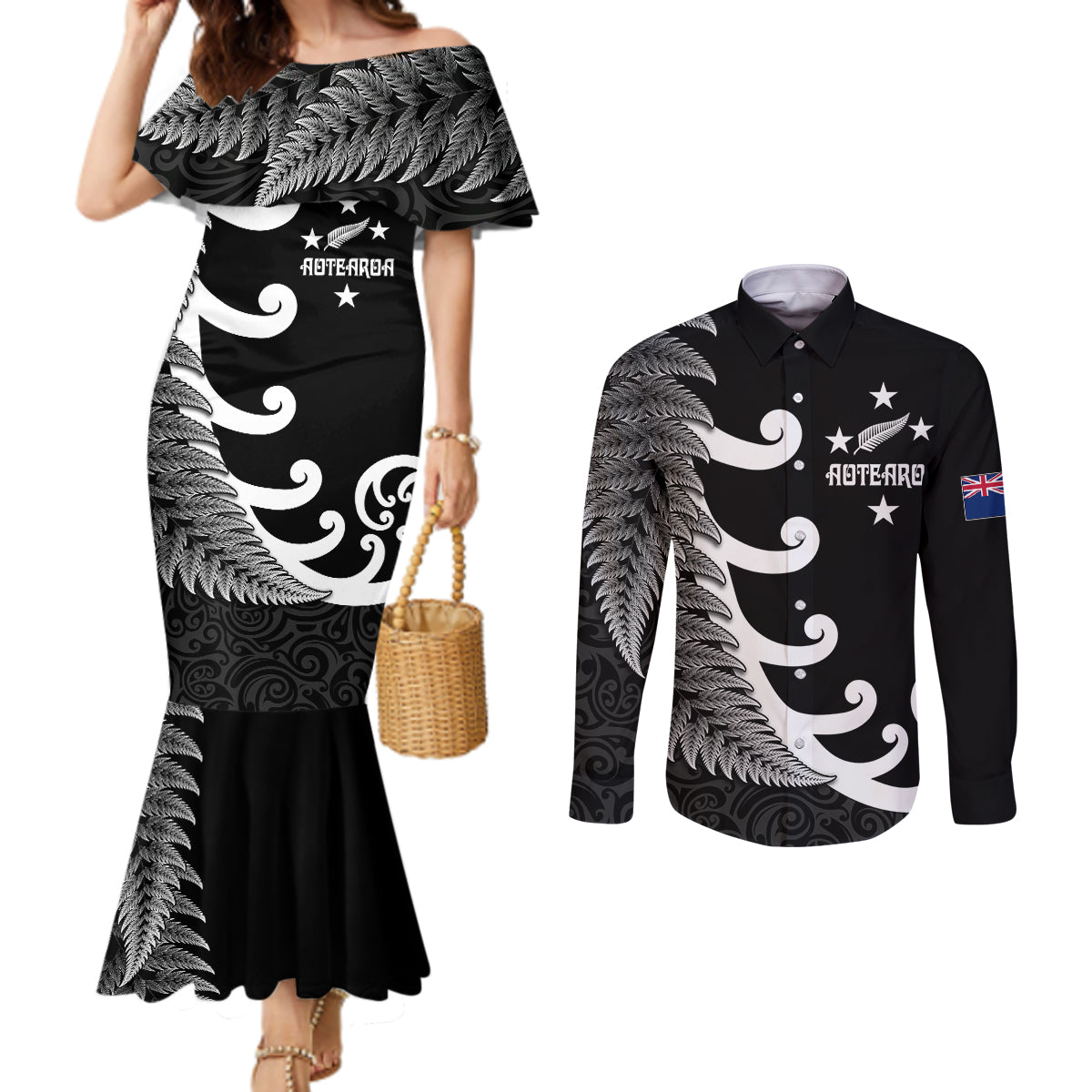 personalised-new-zealand-rugby-couples-matching-mermaid-dress-and-long-sleeve-button-shirts-aotearoa-silver-fern-koru-maori-style